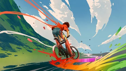 Selbstklebende Fototapete Großer Misserfolg junger Mann, der ein Fahrrad mit einer bunten Energie, digitalem Kunststil, Illustrationsmalerei fährt