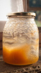 Restos de miel en bote de cristal con tapa metálica dorada junto a ventana de madera y cortina...