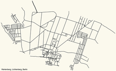 Black simple detailed street roads map on vintage beige background of the neighbourhood Wartenberg locality of the Lichtenberg borough of Berlin, Germany