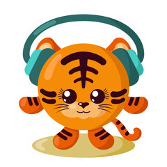 Funny cute kawaii tiger with headphones and round body in flat design with shadows. Isolated animal vector illustration