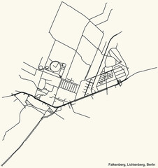 Black simple detailed street roads map on vintage beige background of the neighbourhood Falkenberg locality of the Lichtenberg borough of Berlin, Germany