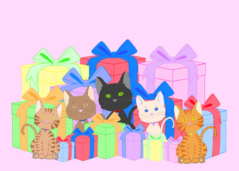 Illustration drawing of five diverse tabby kittens sitting behind and in front of colorful present boxes with bows on a pink background, looking directly at viewer. With copy space for your text.