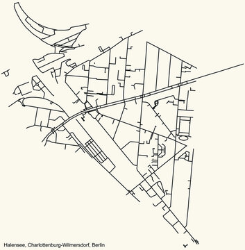Black simple detailed street roads map on vintage beige background of the neighbourhood Halensee locality of the Charlottenburg-Wilmersdorf borough of Berlin, Germany