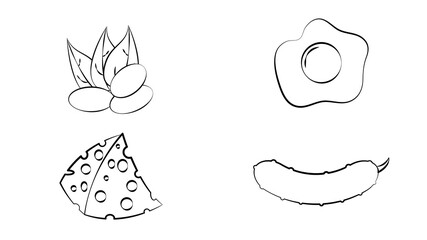 Vector illustration of a set of protein foods, dairy products, meat, fish, legumes, mushrooms, eggs, animal products, nuts