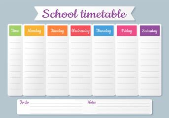 School timetable. Schedule for kids. Weekly time table with lessons. Colorful student plan template. Vector illustration. Educational classes diary. Simple design on English, A4 paper size.