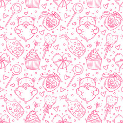 Seamless pattern with valentines day and love monochrome objects in doodle style on white background
