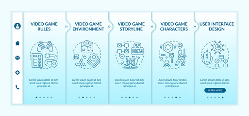 Video game design components onboarding vector template. Video game rules creation for improving story. Responsive mobile website with icons. Webpage walkthrough step screens. RGB color concept