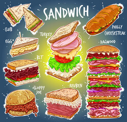 Hand drawn vector illustration of 8 popular All American Sandwich varieties; Club, Clubhouse, Egg, BLT, Bacon, Turkey, Reuben, Philly Cheese Steak, Philadelphia Cheese Steak, Dagwood Sandwich.
