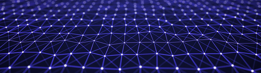 Perspective grid of lines and dots. Network or connection. Abstract digital background of points and lines. Glowing plexus. Big data. Abstract technology science background. 3d rendering