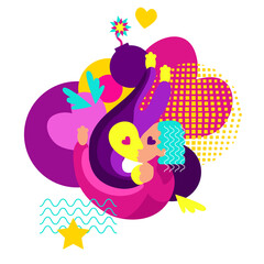 Memphis trend in the form of anthropomorphic people and geometric shapes. The concept of lovers inspired by happiness in the style of street art. perfect for print, prints, backgrounds, flyers