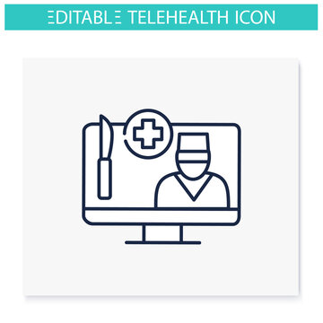 Telesurgery Line Icon. Robotic Surgery. Telehealth. Remote Surgical Operation. Telemedicine, Contemporary Health Care Concept. Isolated Vector Illustration. Editable Stroke 