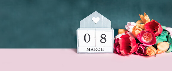 8 March calendar with bouquet of tulip flowers greeting card. Womens Day celebration banner