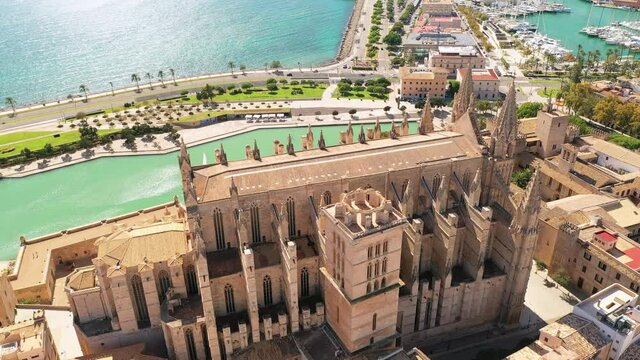 Palma de Mallorca, Spain: Aerial view of capital city of Majorca, island in Mediterranean Sea, Catalan Gothic style cathedral (Catedral de Santa Mar&iacute;a) - landscape panorama of Europe from above