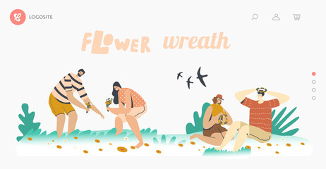 Fototapeta premium Summertime Season Sparetime, Romance Landing Page Template. Happy Characters Pick Up Flowers for Weaving Wreaths