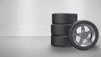 3d render stacking tires and one side press wheel on white background