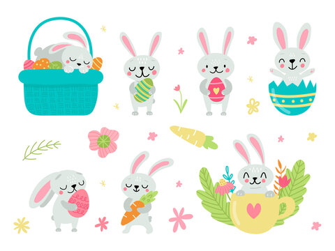 Set of cute Easter rabbits with eggs and carrots. Spring animal characters isolated on white