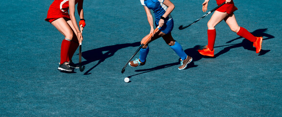 Women battle for control of ball during field hockey game. Team sport concept