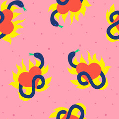 Fototapeta na wymiar Seamless trendy pattern with snake and flaming hearts. Vector textured background. Print for textile, t-shirt, wrapping paper, greeting cards.