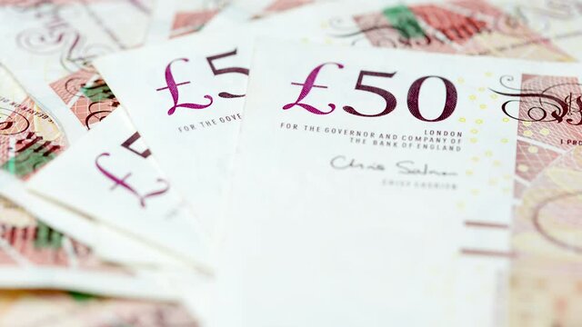Macro shot of British fifty-pound notes