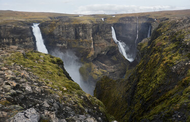 View a waterfall from the top of the cliff. Haifoss waterfall