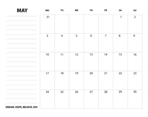 Simple calendar planner 2021 grid for May with lettering month name and motivation phrase "Dream, hope, believe, do".