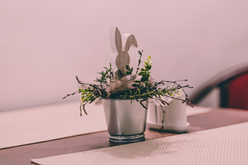 Empty Restaurant Table with Easter Decorations