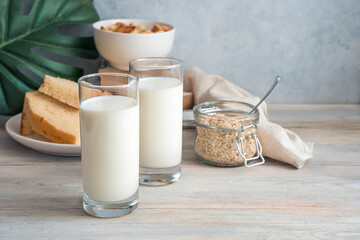 Milk in two glasses on a background of food and a palm leaf on a gray background. Side view with copy space. The concept of proper nutrition.