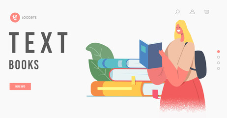 Female Character Prepare to Examinations in University Landing Page Template. Woman Student Studying. Girl with Textbooks