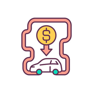 Car Buying RGB Color Icon. Auto Rental, Carpool, Taxi. Car Icon With Money Sign. Making A Profit From The Car. Optimization Of The Family Budget. Transport Leasing. Isolated Vector Illustration