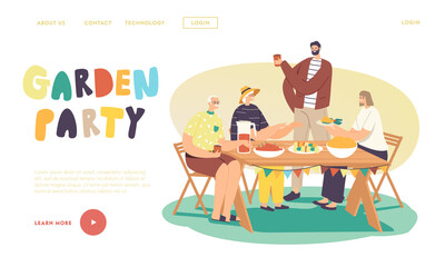 Joyful People Spend Time at House Yard at Summer Holiday Landing Page Template. Happy Family Celebrate Garden Party