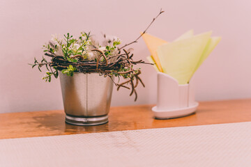 Empty Restaurant Table with Easter Decorations