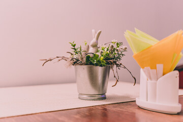 Empty Restaurant Table with Easter Decorations