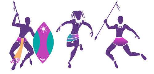Silhouettes of African warrior men in tribal and ritual dancing poses