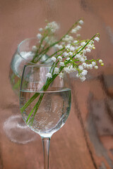 Lily of the valley flowers in a glass with water on a green lawn background.