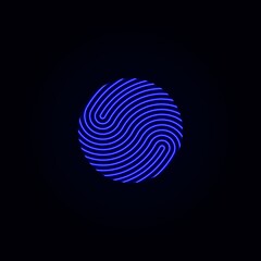 Circle blue neon fingerprint icon design for app.  Biometric security system concept.