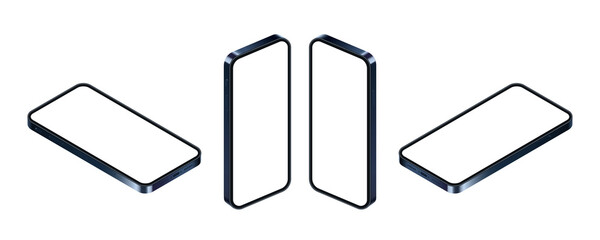 Isometric phone mockup, blue smartphone set in realistic style isolated on white. Glass cellular concept for showing ui app and web design, 3d vector illustration.