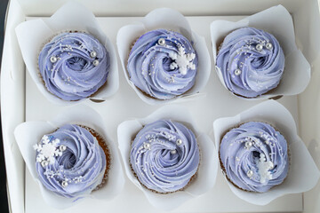 Festive box of blue cupcakes. Sweet food