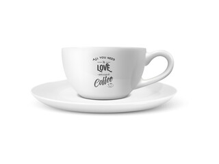 Vector 3d Realistic White Porcelain Ceramic Mug Isolated on White Background. Tea, Coffee Cup with Typography Quote, Phrase about Coffee. Stock Illustration. Design Template for Mockup. Front View