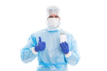 Approved antiviral drug. Antiviral therapy. Chemist show thumbs up to medication