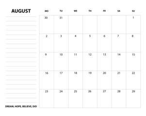 Monthly printable planner, organizer and schedule template for August 2021. 
