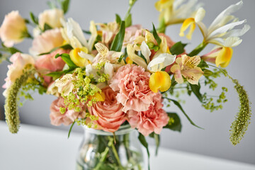 Bouquet 005, step by step installation of flowers in a vase. Flowers bunch, set for home. Fresh cut flowers for decoration home. European floral shop. Delivery fresh cut flower.