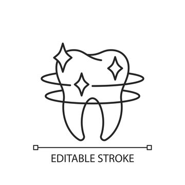 Teeth cleaning linear icon. Professional dental care. Snow-white smile. Cosmetic dentistry. Thin line customizable illustration. Contour symbol. Vector isolated outline drawing. Editable stroke