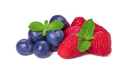 Ripe sweet raspberries and blueberries isolated on a white background
