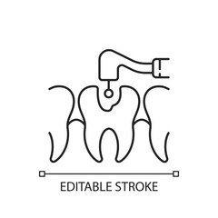Caries treatment linear icon. Professional dental care. Crown restoration. Endodontic root canal.Thin line customizable illustration. Contour symbol. Vector isolated outline drawing. Editable stroke