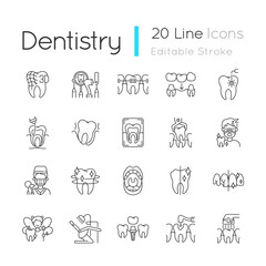 Professional stomatology linear icons set. Dental procedures. Caries treatment. Family orthodontics. Customizable thin line contour symbols. Isolated vector outline illustrations. Editable stroke