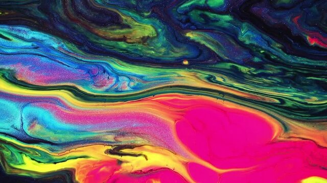 Fluid art drawing video, trendy acryl texture with flowing effect. Liquid paint mixing backdrop with splash and swirl. Detailed background motion with pink, green and blue overflowing colors