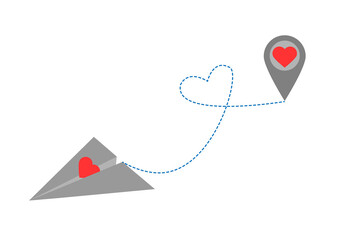 paper plane with heart path.Origami airplane flying icon.Valentines Day and love concept.Vector in eps 10