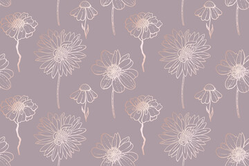Chrysanthemum, dahlia, Echinacea seamless pattern. Hand drawn abstract summer background. Line art with glossy gradient effect. Art illustration with pastel gold rose pink color