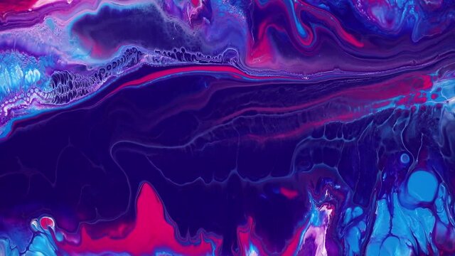 Fluid art painting video, trendy acryl texture with flowing effect. Liquid paint mixing backdrop with splash and swirl. Detailed background motion with purple, pink and navy blue overflowing colors