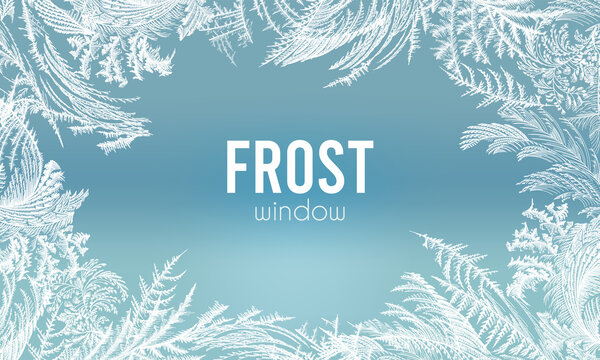 Frost ice window pattern, winter Christmas design frame, fresh cool hand drawn complicated graphic background illustration
